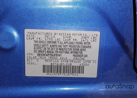 2013 Nissan Versa 1.6 Sv z USA, uszkodzony, nr VIN 3N1CN7AP7DL879141